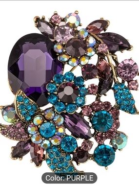 Sparkling Purple & Teal Floral Crystal Brooch - Women Jewelry